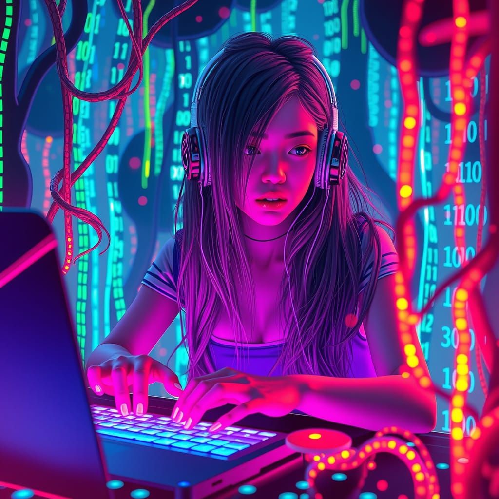 Cyberpunk Hacker Alice in a Neon-Lit Digital Wonderland
