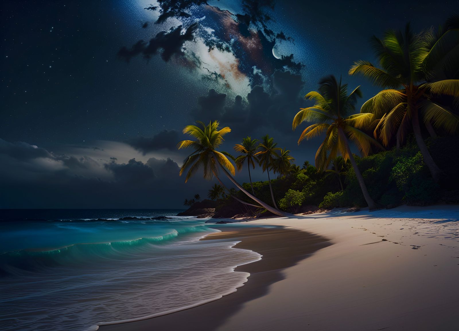 Mild night on a beach and me swimming under the stars