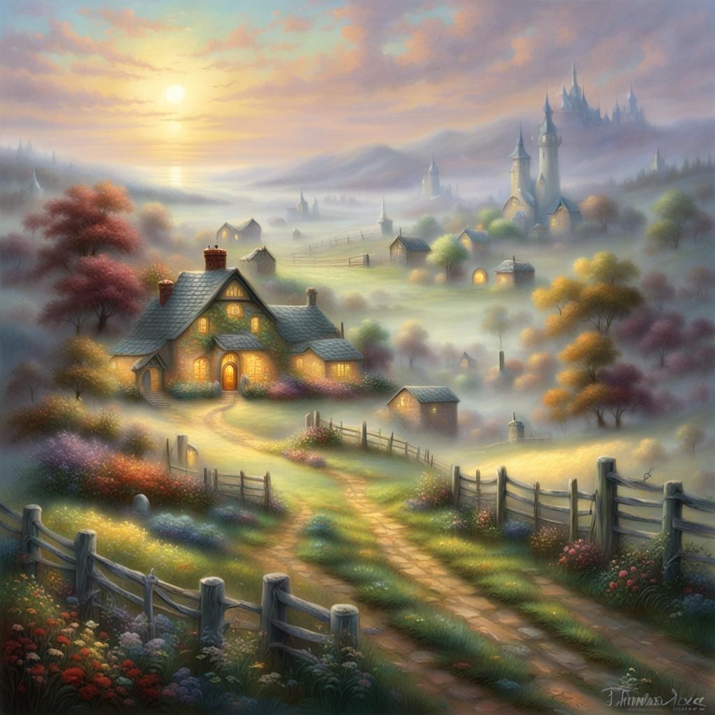 Ethereal Elven Farmland in Fog, Hyperdetailed Fantasy