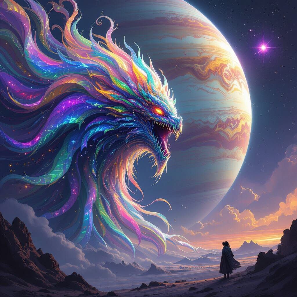 Cosmic Creature Approaches Gas Giant in Heavenly Hues