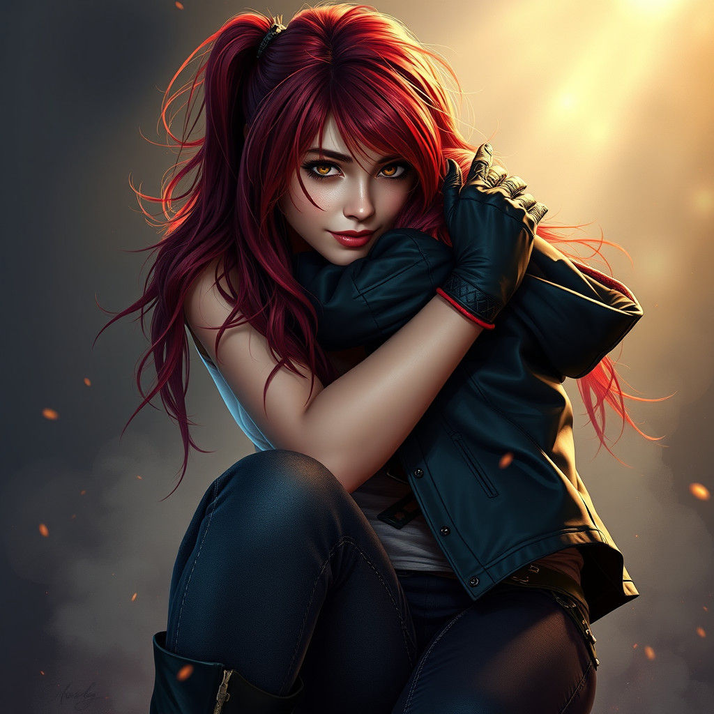 Red-Haired Rocker Hugs Nephew: Detailed Digital Portrait