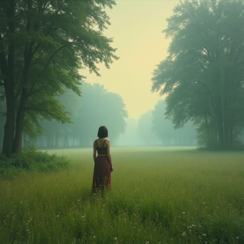 Ethereal Woman in Emerald Irish Meadow, Impressionistic Styl...