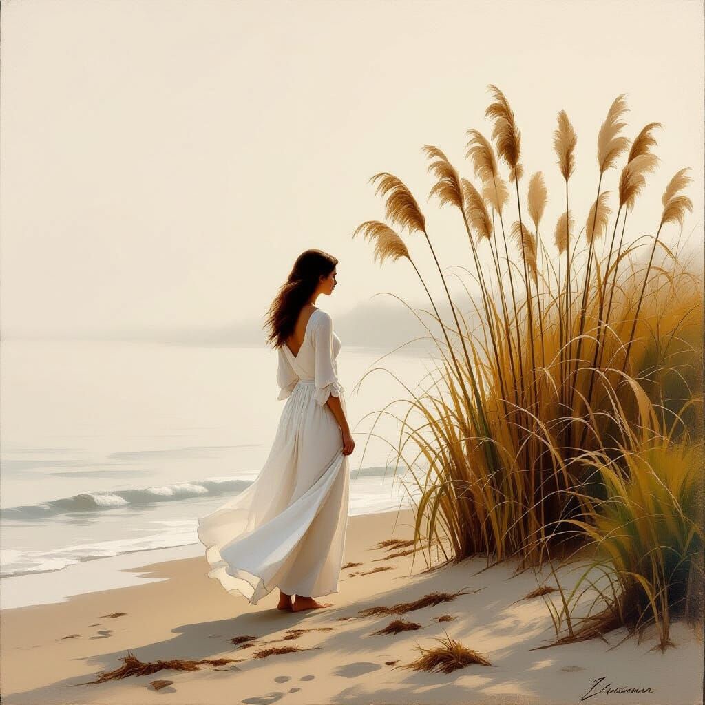 Woman in Flowing Dress on Foggy Beach with Cattails