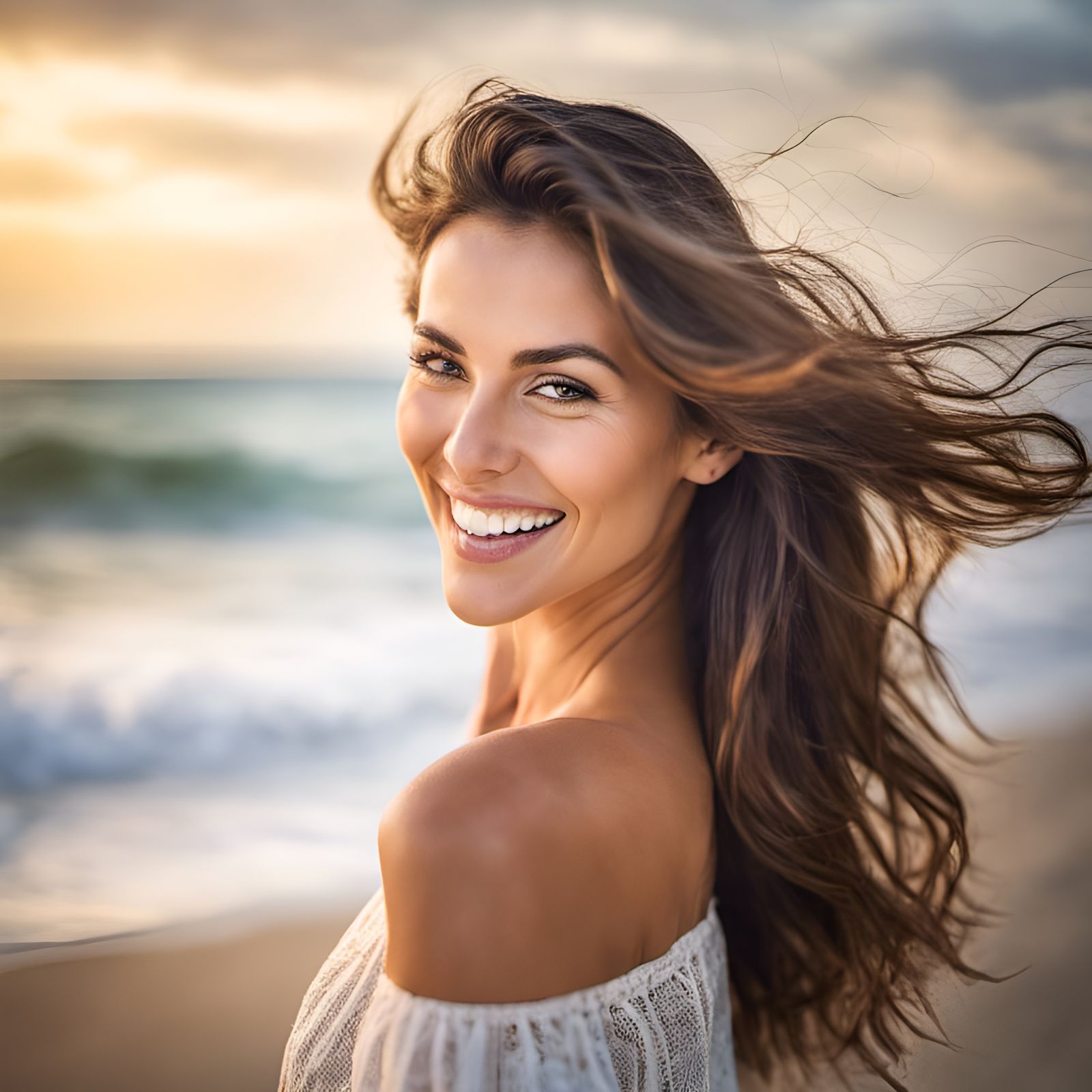 Happy Brunette Woman Portrait on Beach