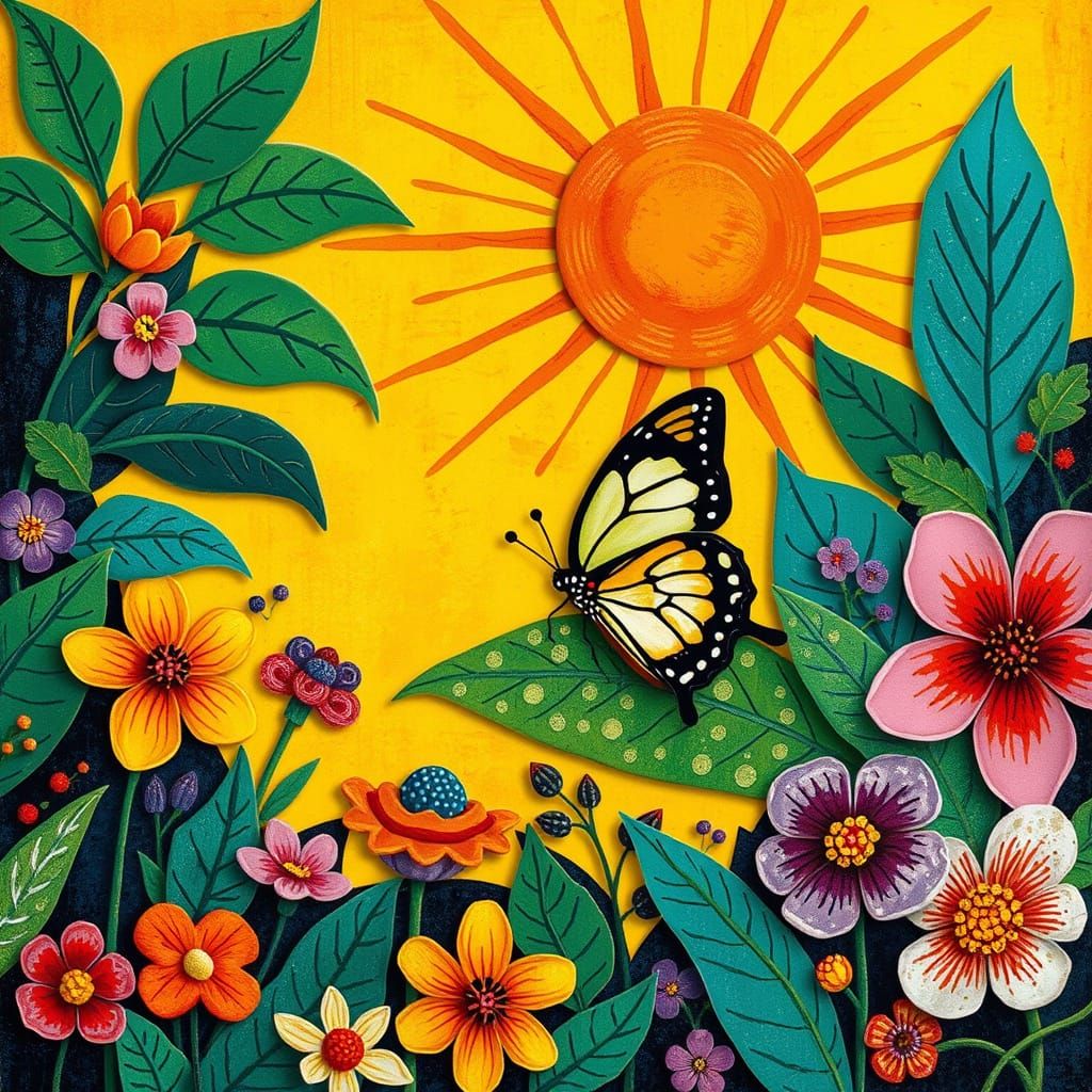 Whimsical Folk Art Scene with Delicate Butterfly and Vibrant...