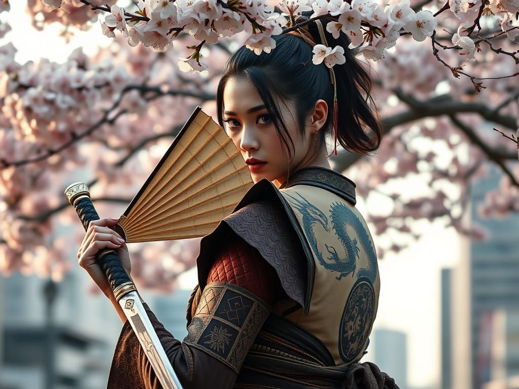 Onna-musha Warrior with Katana and Glowing Eyes