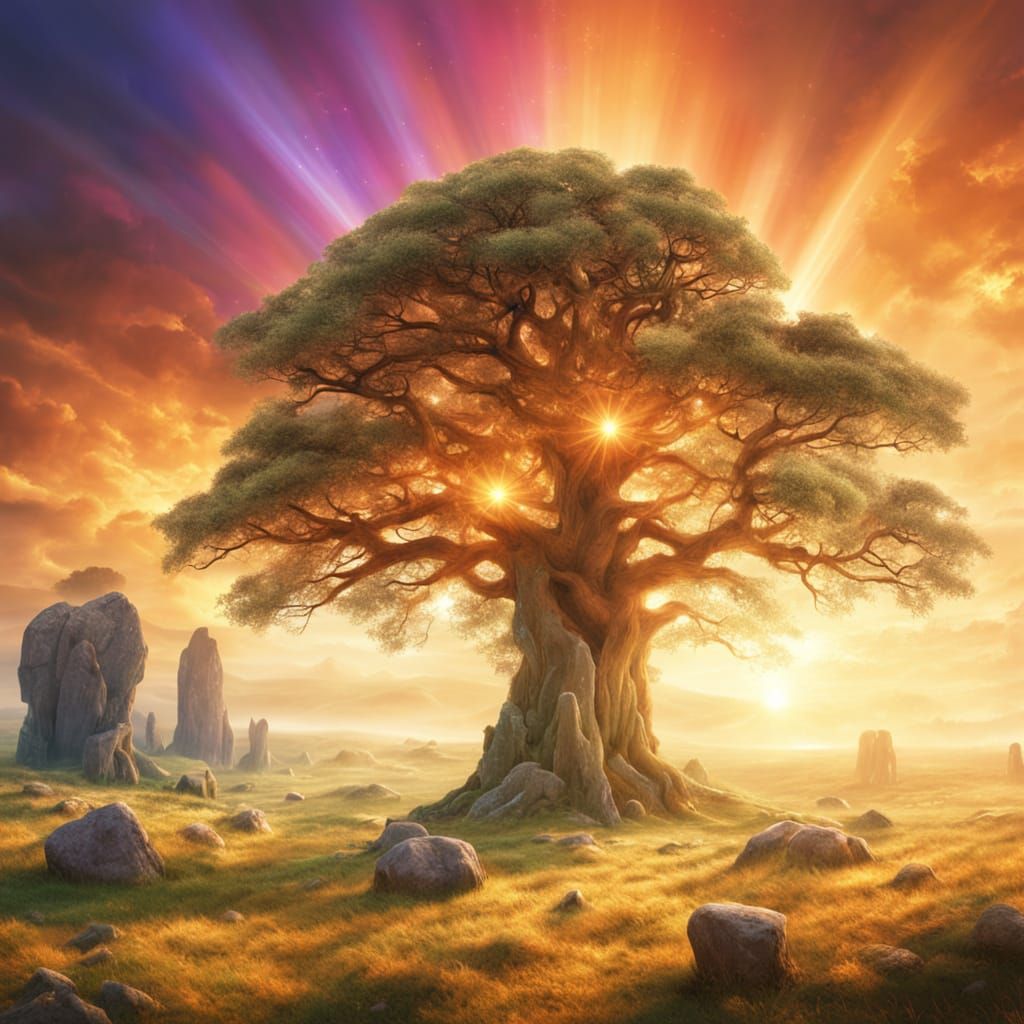 Sacred Tree Amidst Ancient Megaliths in Vibrant Nature's Cat...