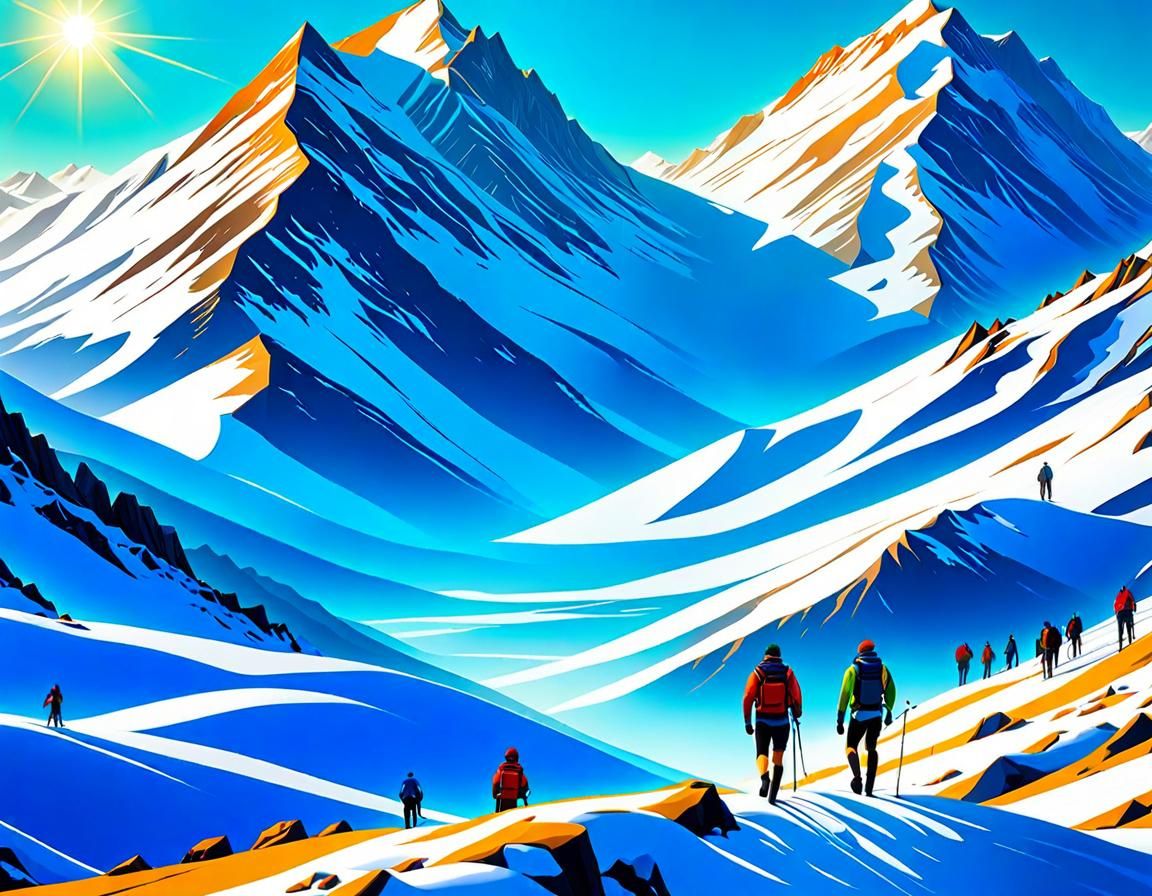 Vibrant Expressionist Hike on a Snowy Mountain Panorama