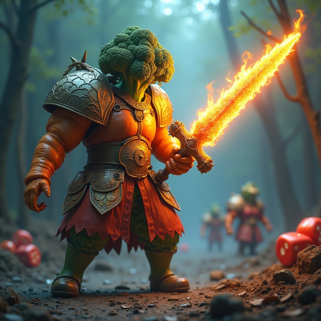 Vegetable Crusader Battles Dice with Flaming Sword