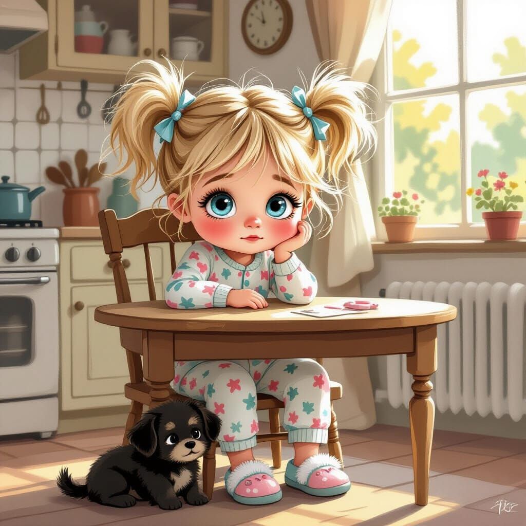 Chalk Sketch Of Sleepy Toddler Girl With Puppy