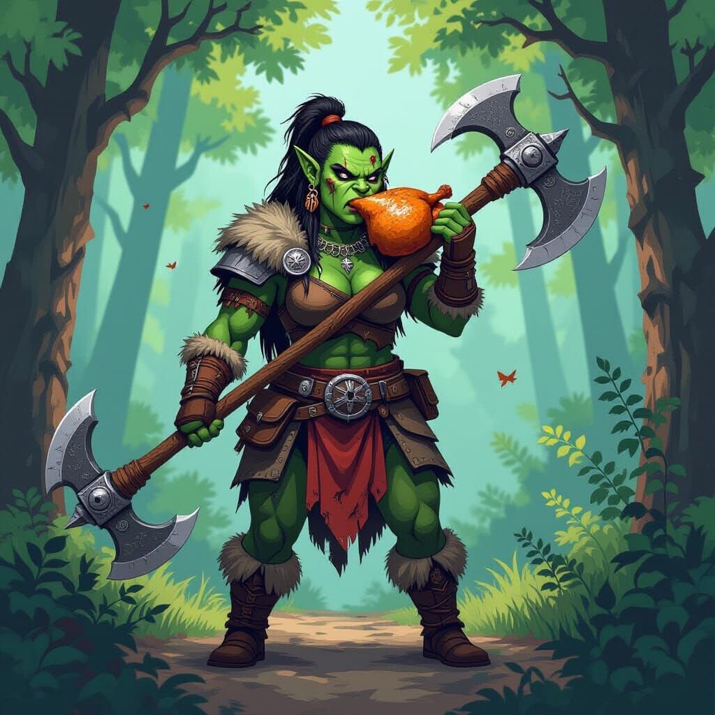 Female Orc Barbarian Gnawing Turkey Leg: Pixel Art Style