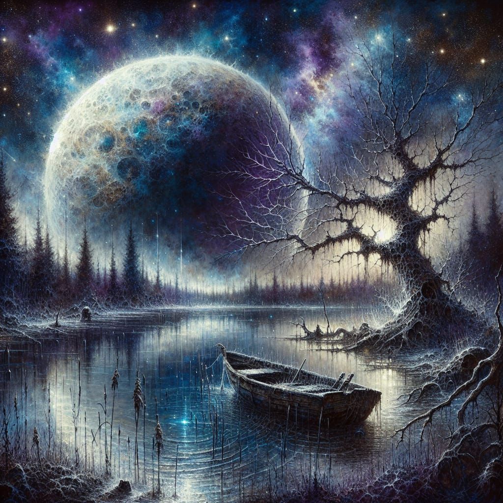 Otherworldly Nocturnal Scene as Watercolor Painting