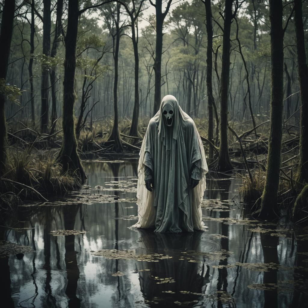 Ethereal Ghost Wandering a Dark Swamp Forest