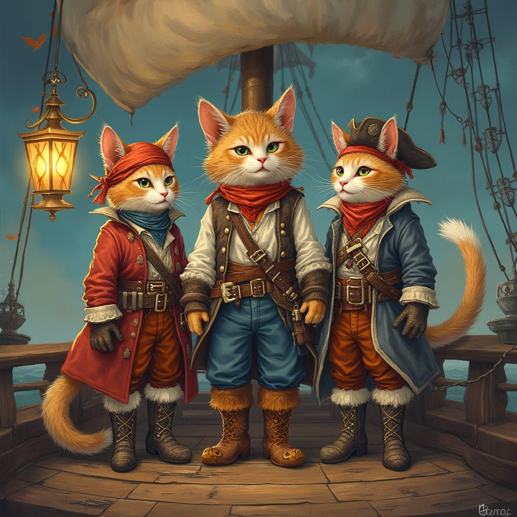 Furry Cat Pirates in Whimsical, Dreamlike Illustrations