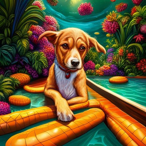 Dog in Swimming Pool: Colorful Digital Painting