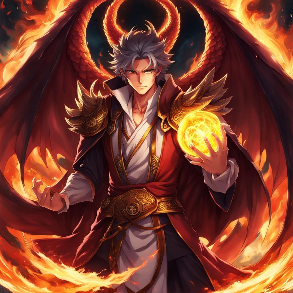 Dragon-Human Druid Conjuring Fireball in Anime Style