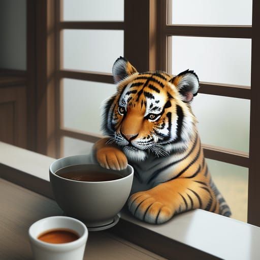 Adorable Tiger Cub Laps Up Milk in Warm Light