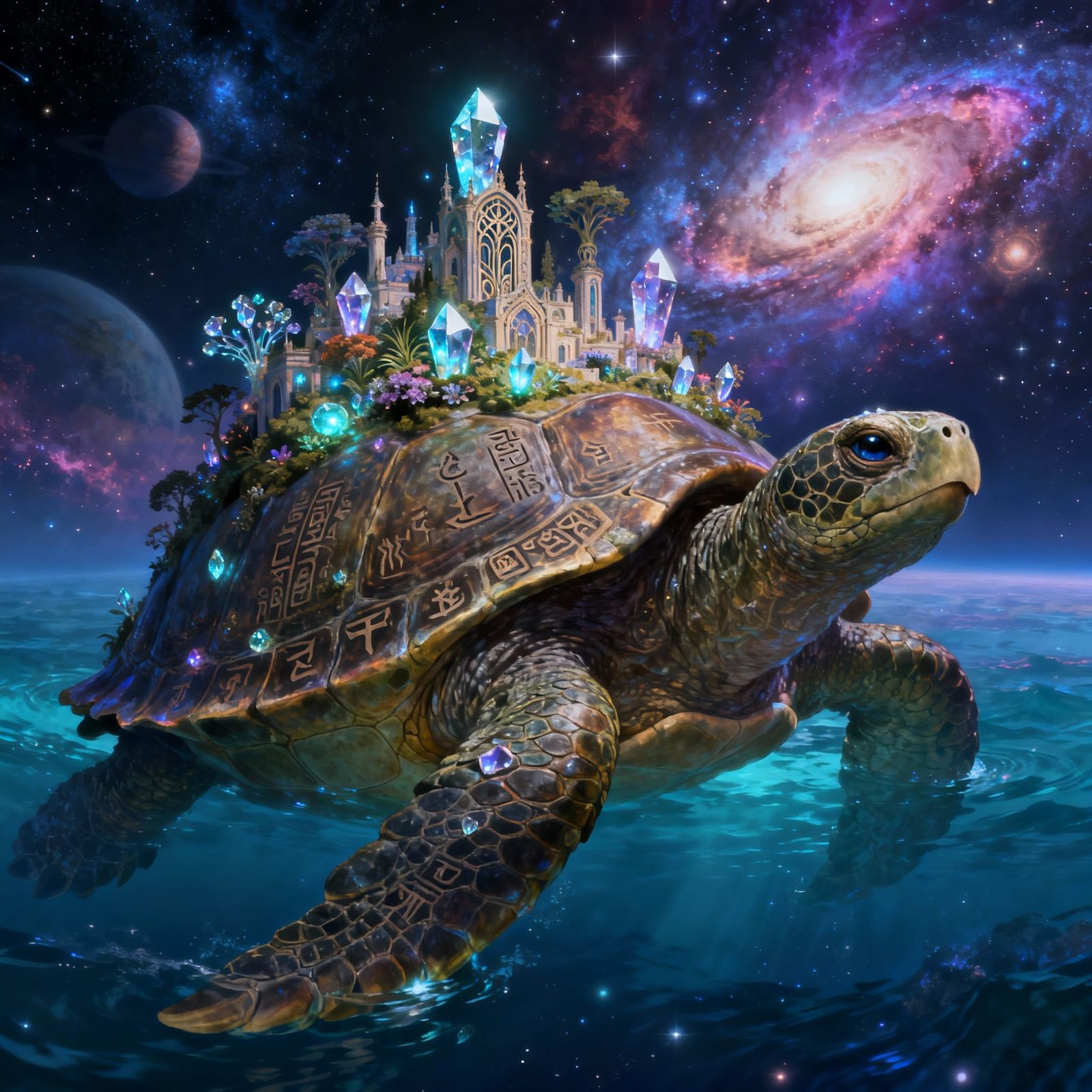 Ancient Tortoise City Drifting Through Cosmic Ocean