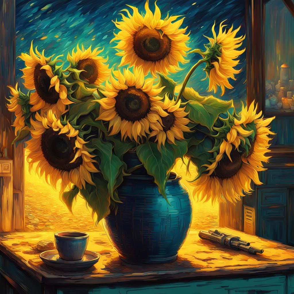 Sunflowers in Cyberpunk Anime Style