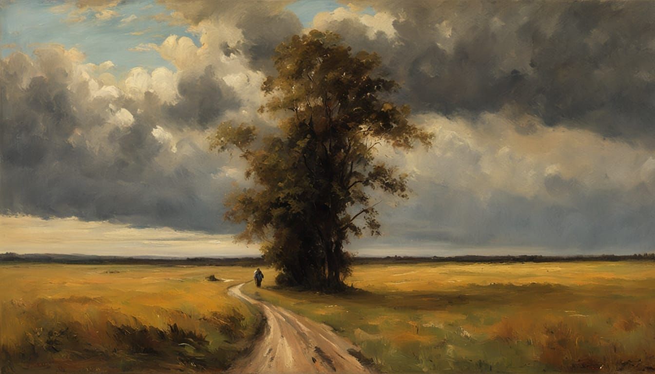 Melancholic Landscape Painting with Figure in Field