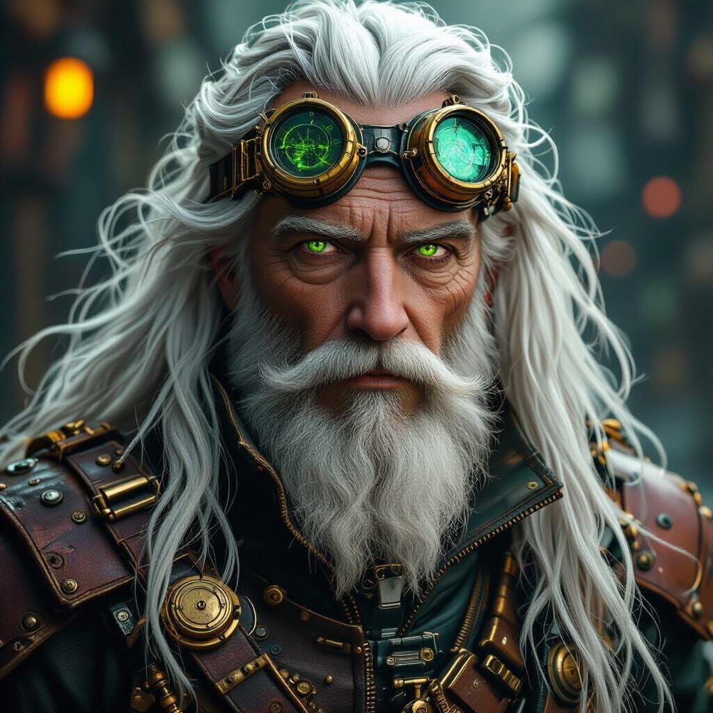 Steampunk Old Man with Cybernetic Enhancements