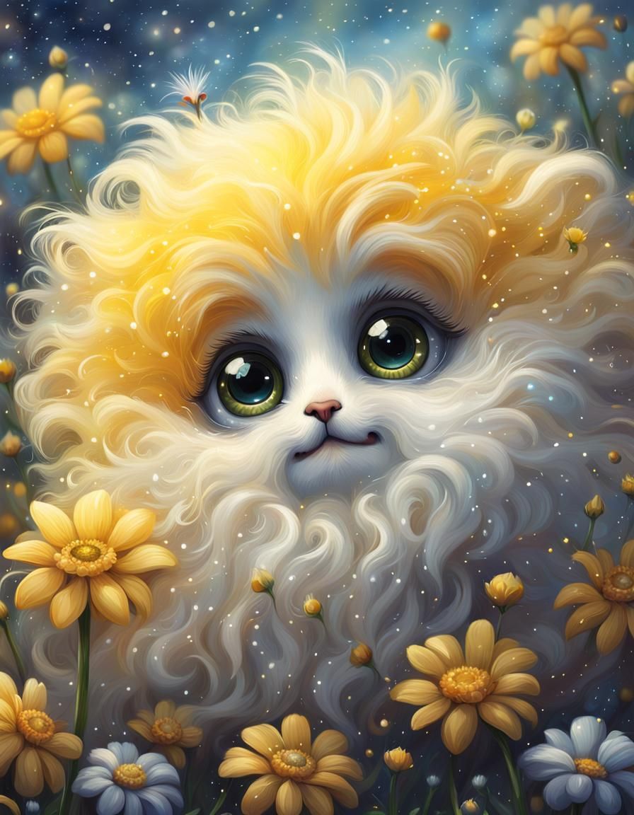 Fluffy Fantasy Creature Playing in Flower Rain