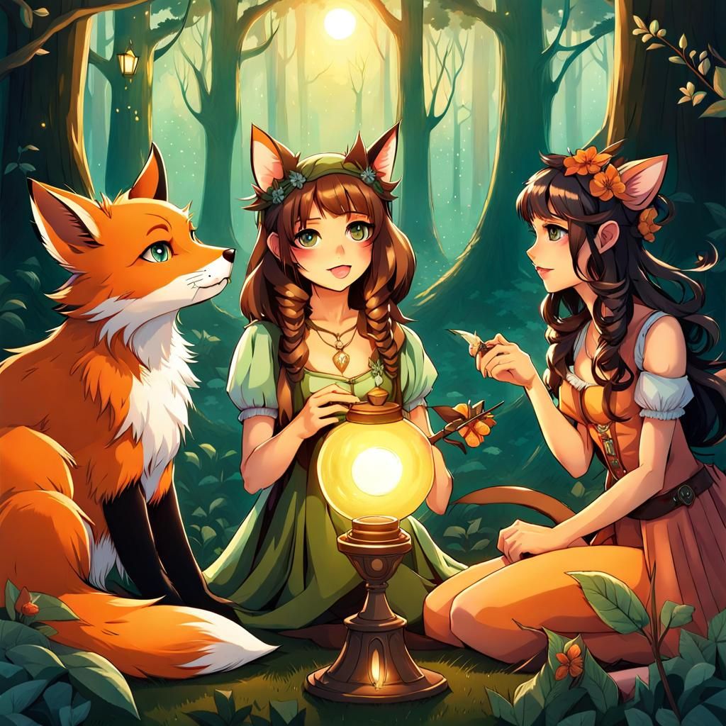 Fairy Girl with Tramp Fox and Cat in Forest
