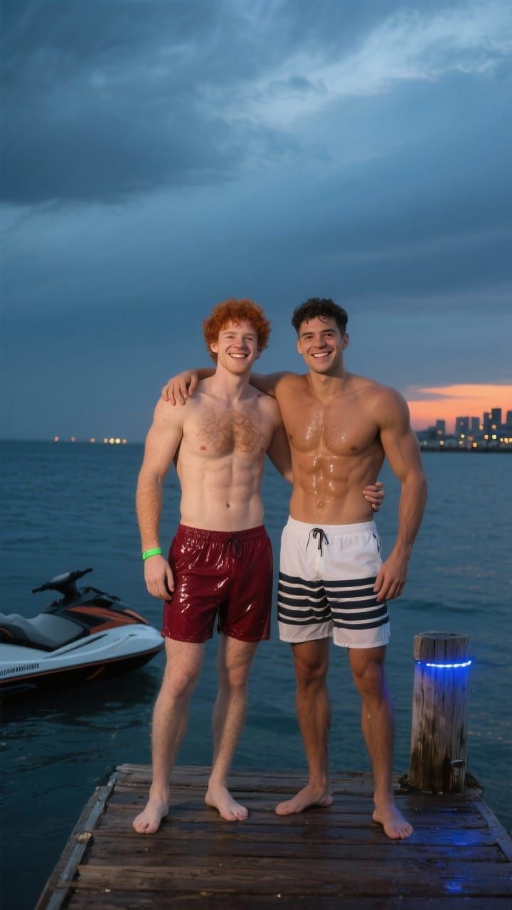 Two Athletic Men on Jetty at Twilight