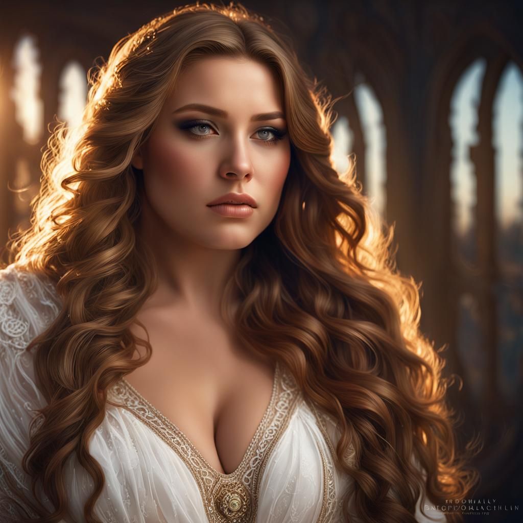 Voluptuous Woman in White Dress: Hyperdetailed Portrait