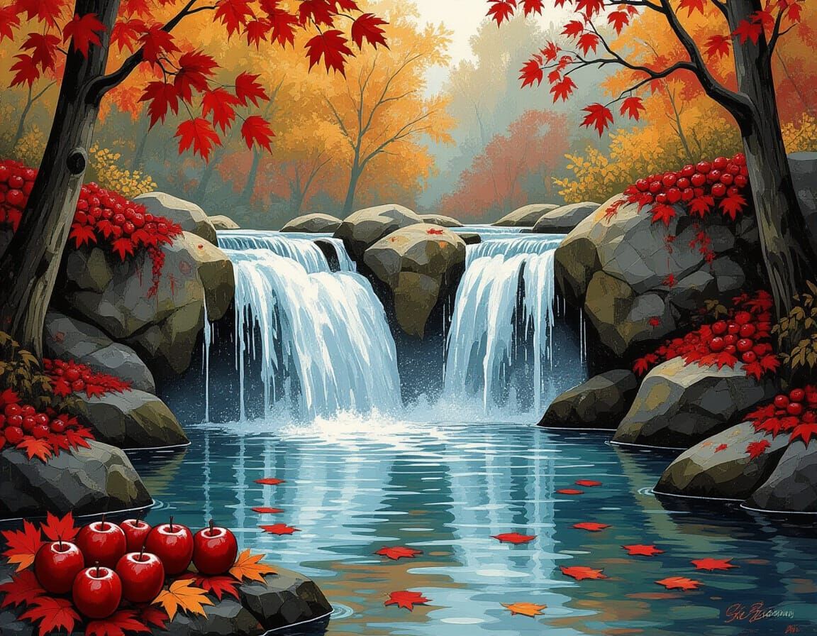 Gothic Autumn Waterfall Oasis with Red Apples