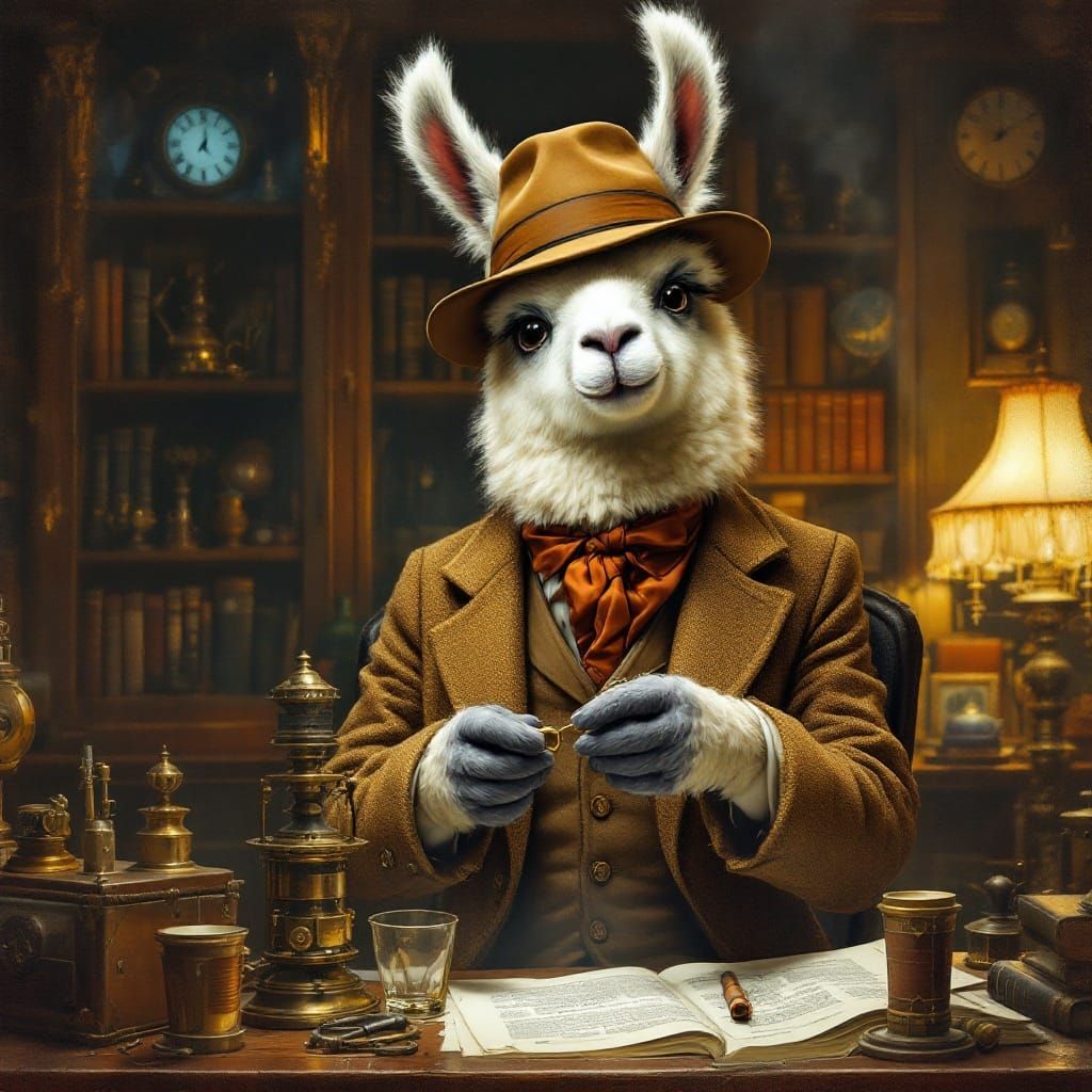 Steampunk Detective Alpaca Examines Vintage Artifact in Stud...