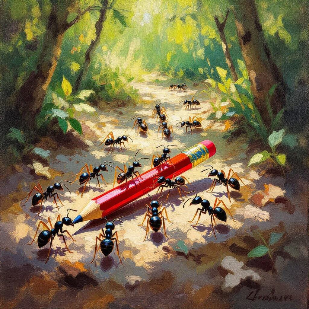 Impressionist Ants Carry Red Pencil Through Sunlit Forest