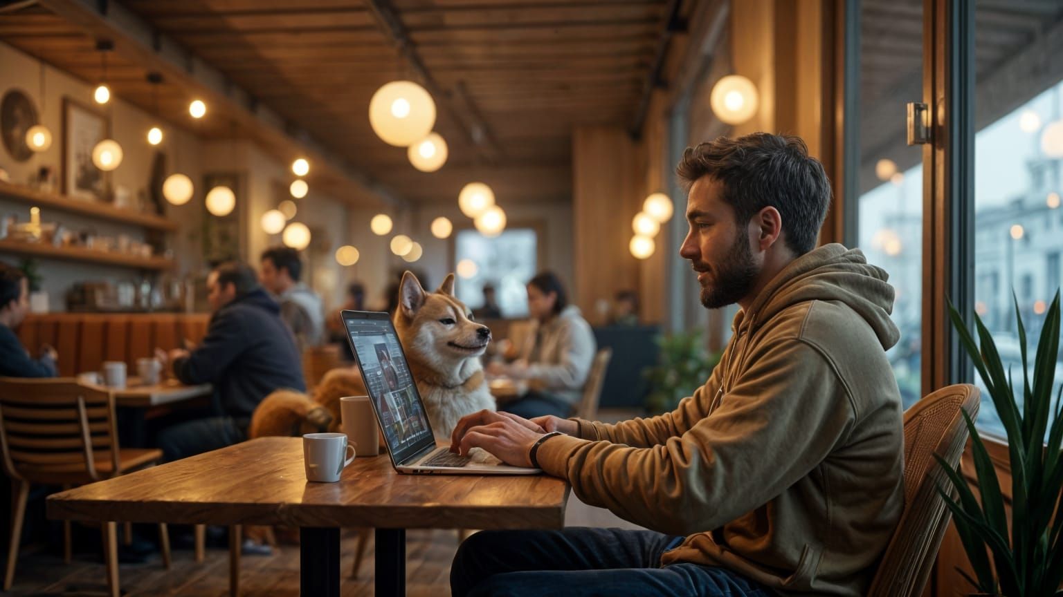 Man and Akita Dog Enjoy Calm Cafe Morning
