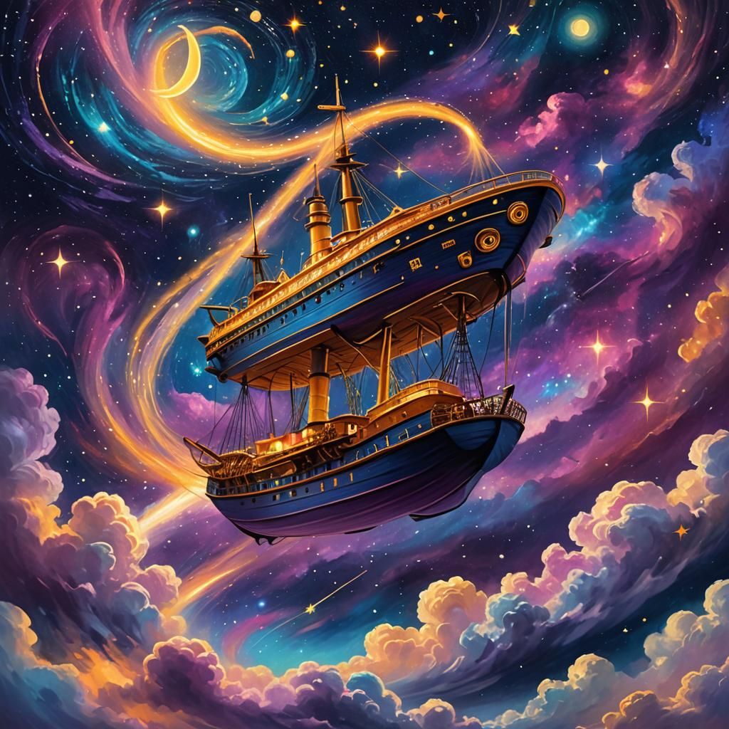 Whimsical Spaceship Soaring Through Galaxy as Poster Art