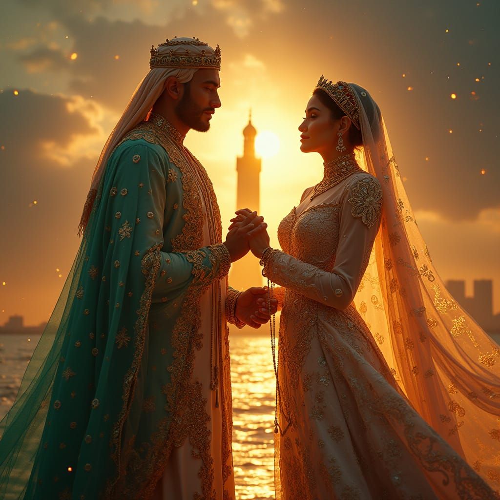 Royal Moroccan Couple in Liquid Gold Sky, Hassan Tower and M...