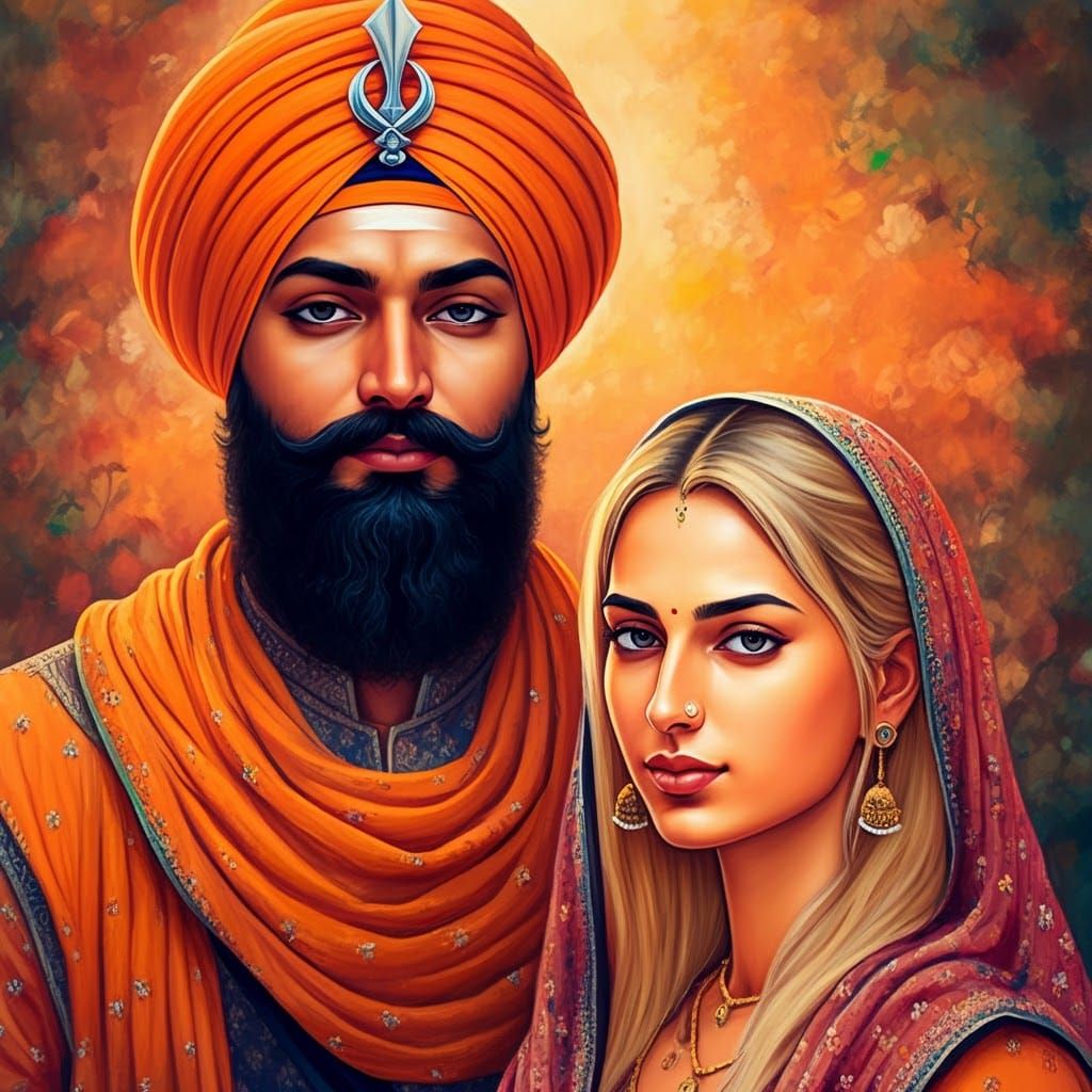 Sikh Couple in Traditional Attire, Ravi Varma Style