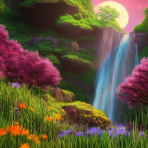 Secret Garden Valley Waterfall Under Rising Moon