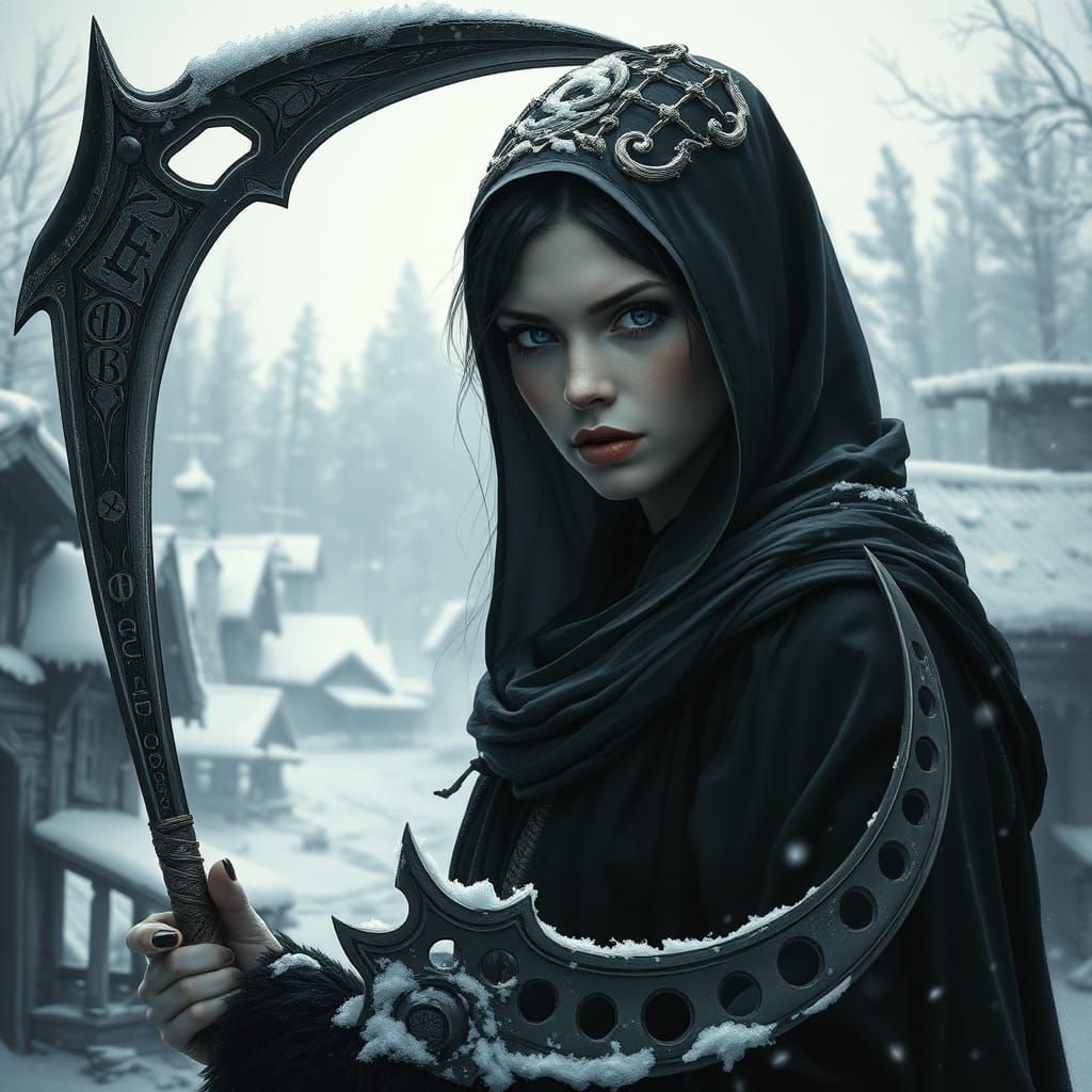 Warrior Nun in Snowy Village, Clad in Tattered Habit, Wields...