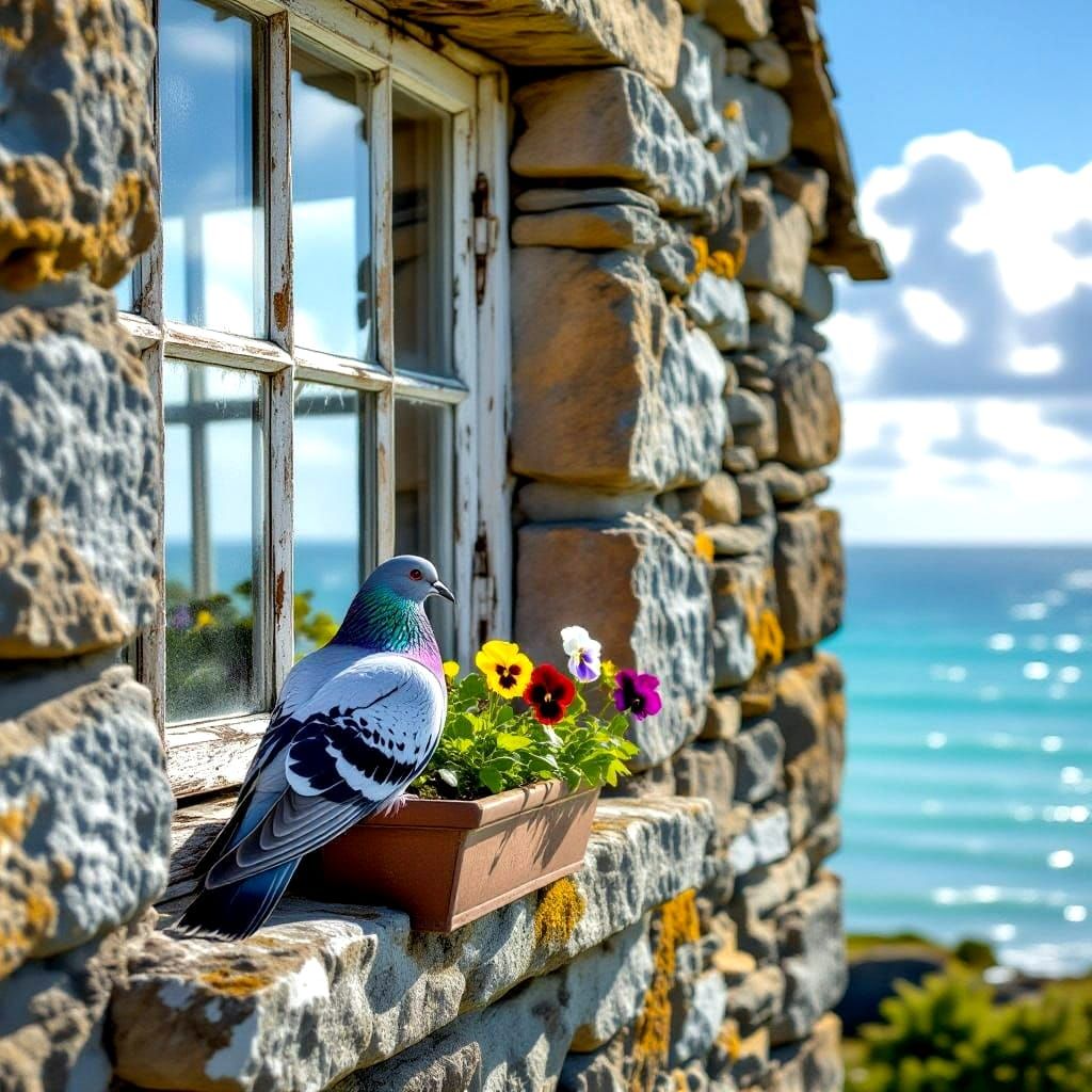 Iridescent Winged Pigeon in Atmospheric Stone Cottage