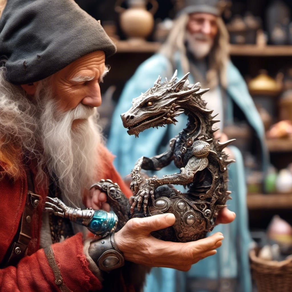 Cyborg Dragon in Wizard's Arms at Market