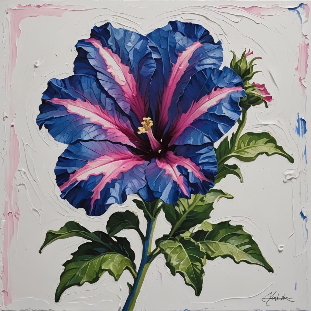 Royal Blue Petunia Impasto Painting with Pink Stripes