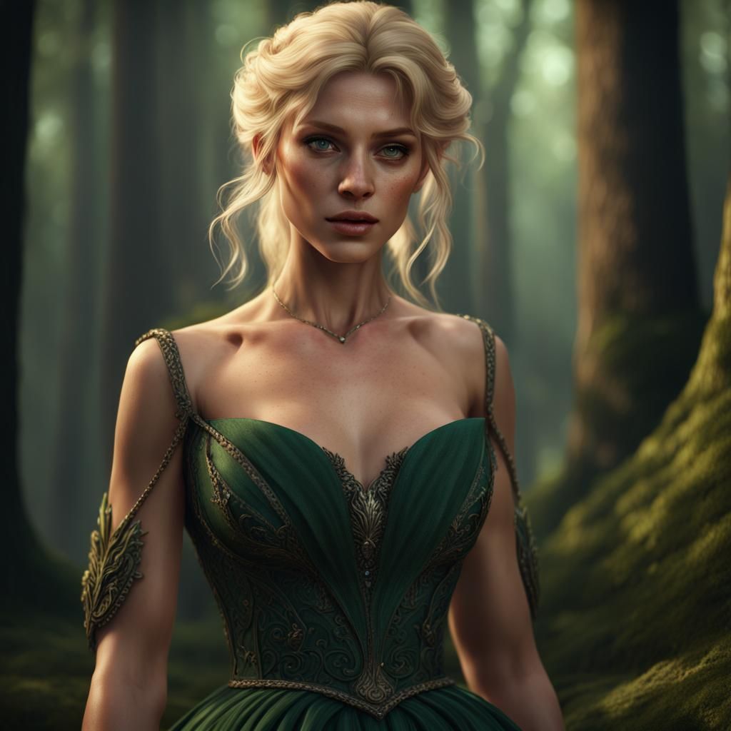 Blonde Woman in Green Gown: Fantasy Concept Art