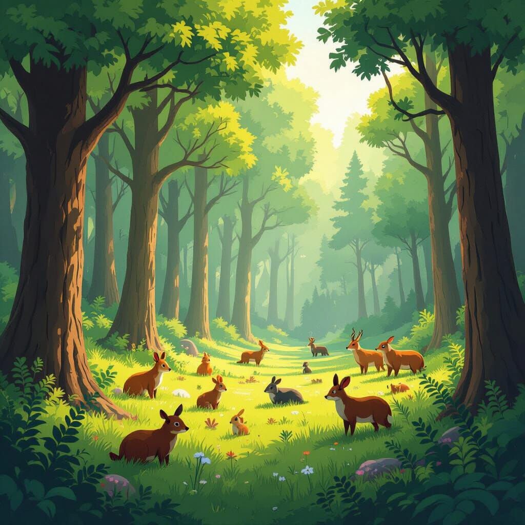 Lush Wildlife Sanctuary Art in Earthy Style