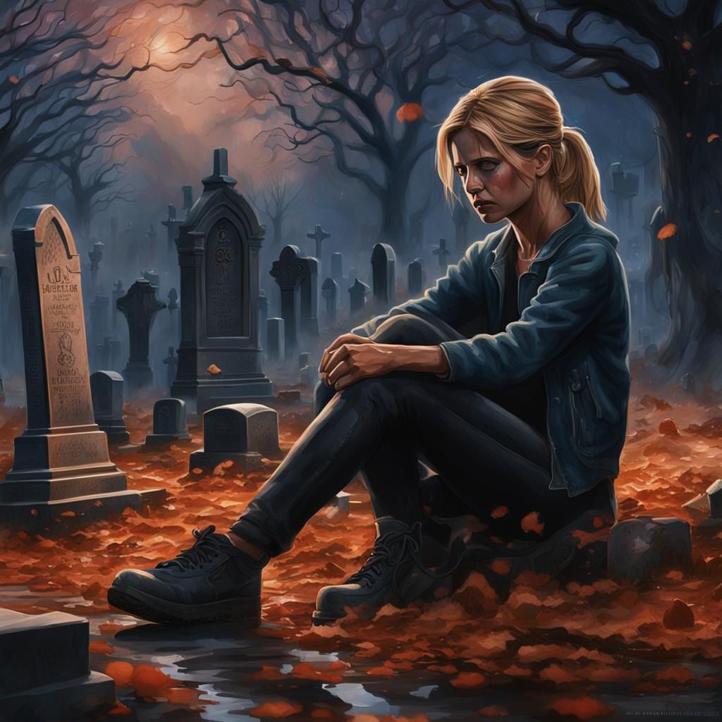 Buffy Summers Crying in Cemetery: Detailed Matte Painting