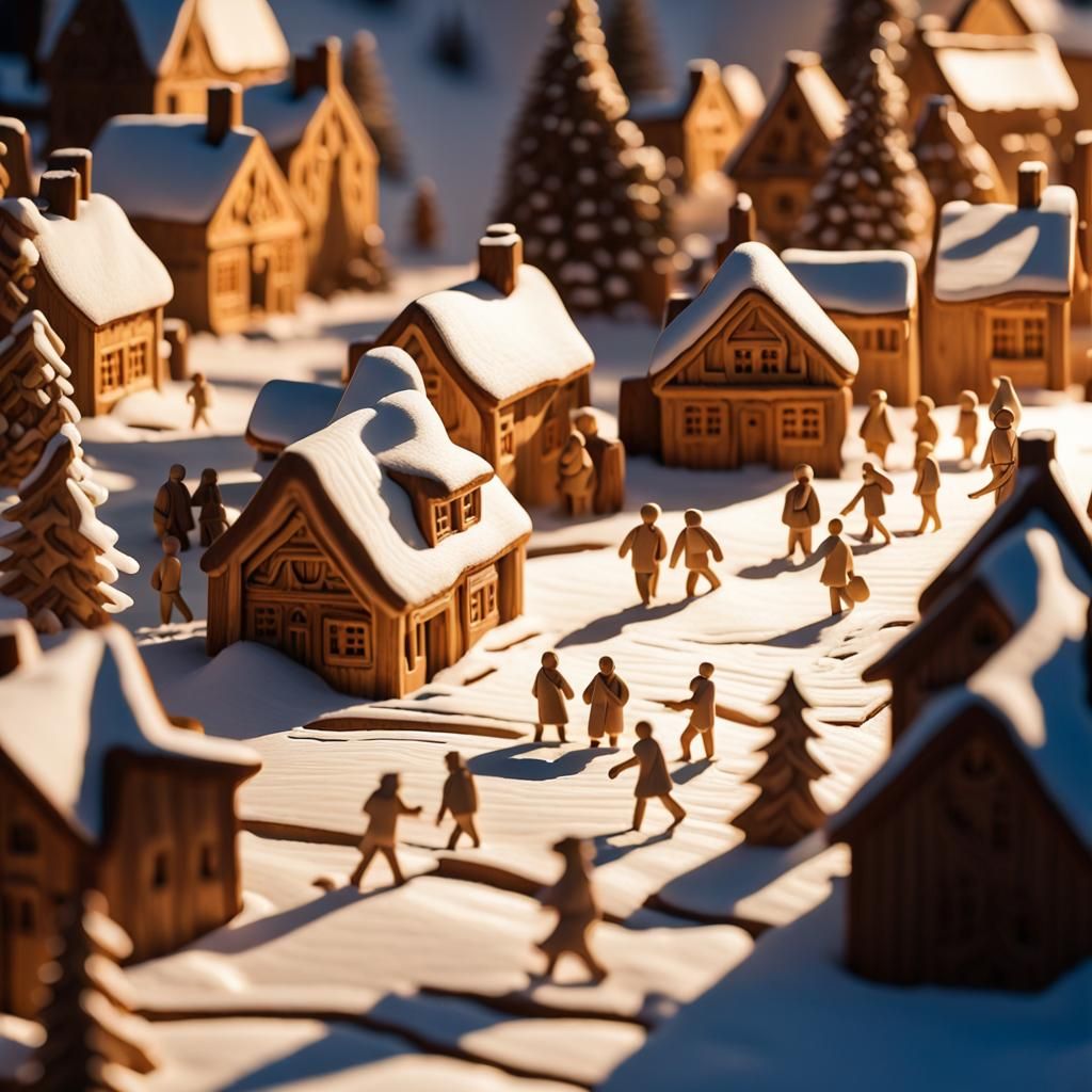 Wood Relief Carving of Winter Village Scene