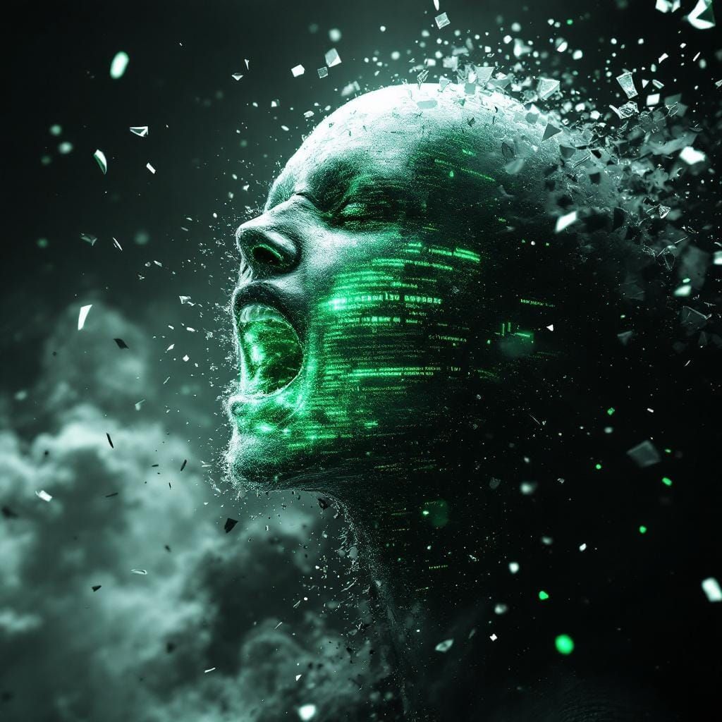 Cybernetic Hero Disintegrates in Digital Storm: Glitch Art