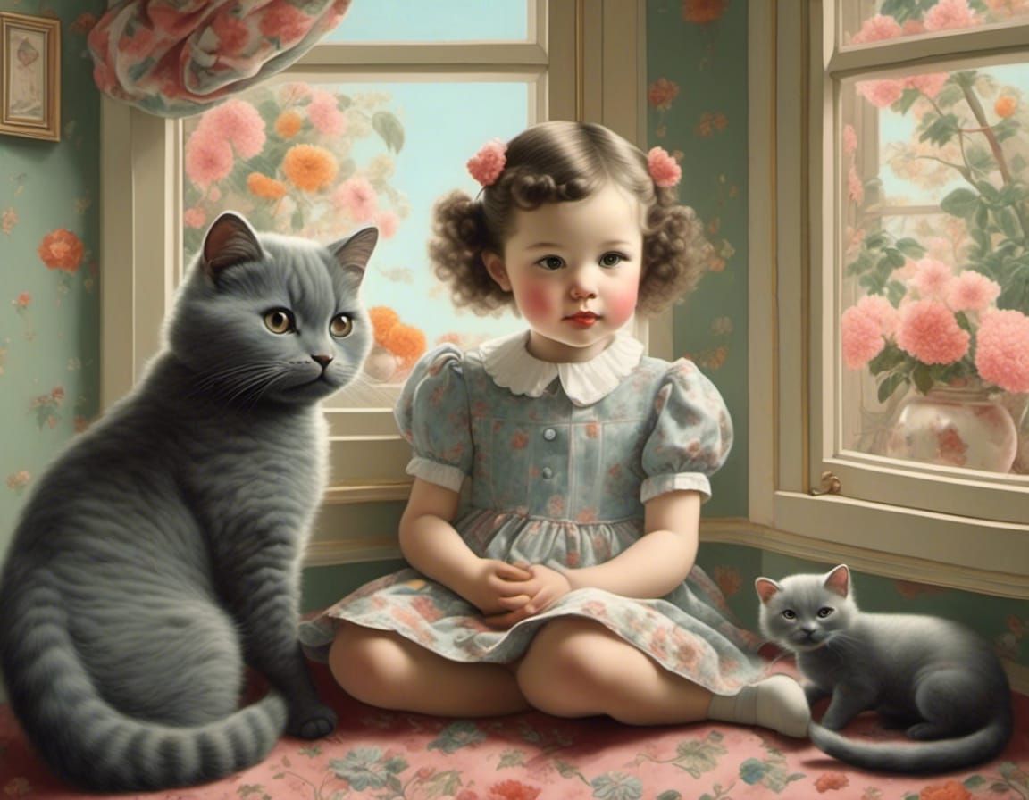 Toddler and Cat in Pop Surrealist Art Nouveau Style