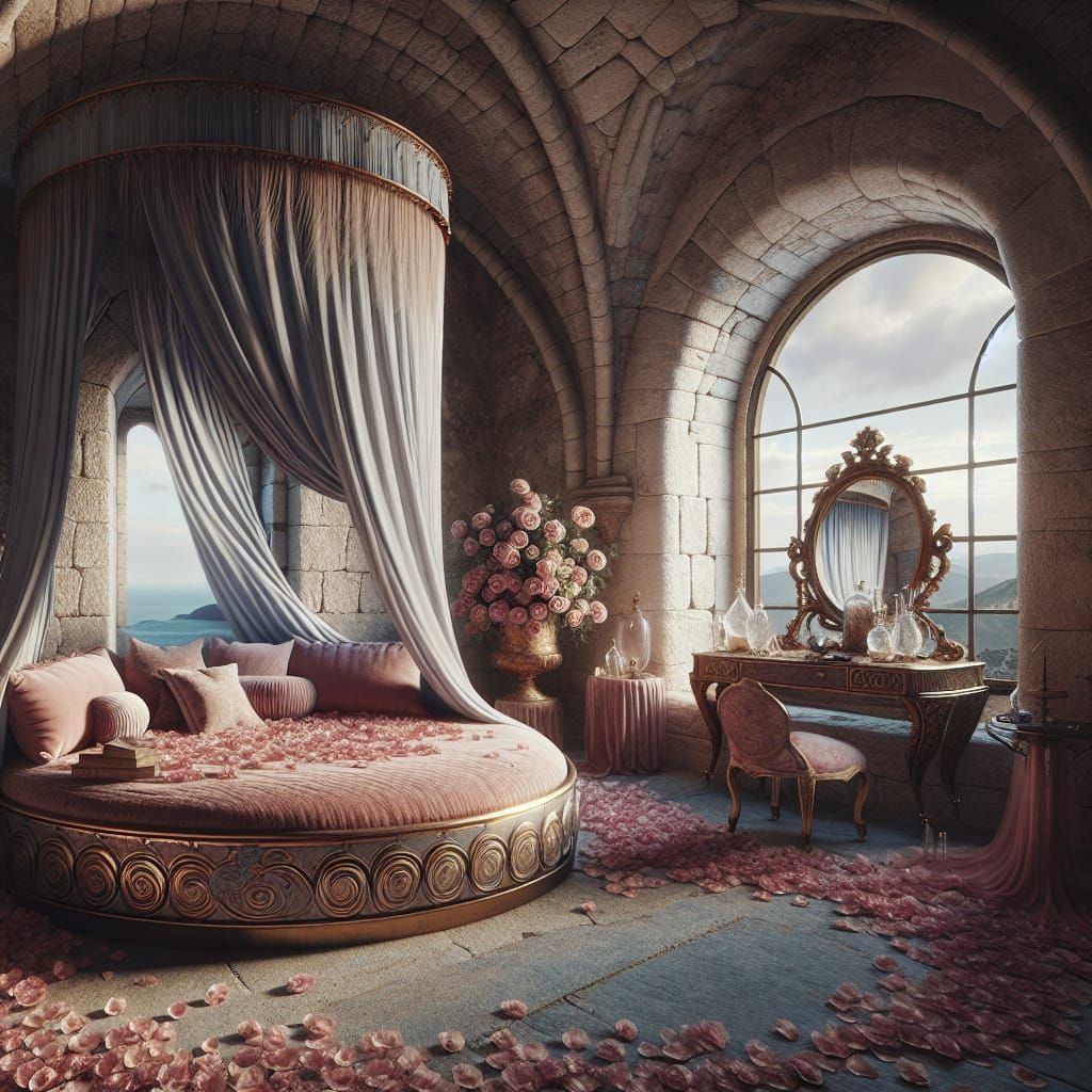 Ancient Castle Room with Circular Bed and Rose Petals