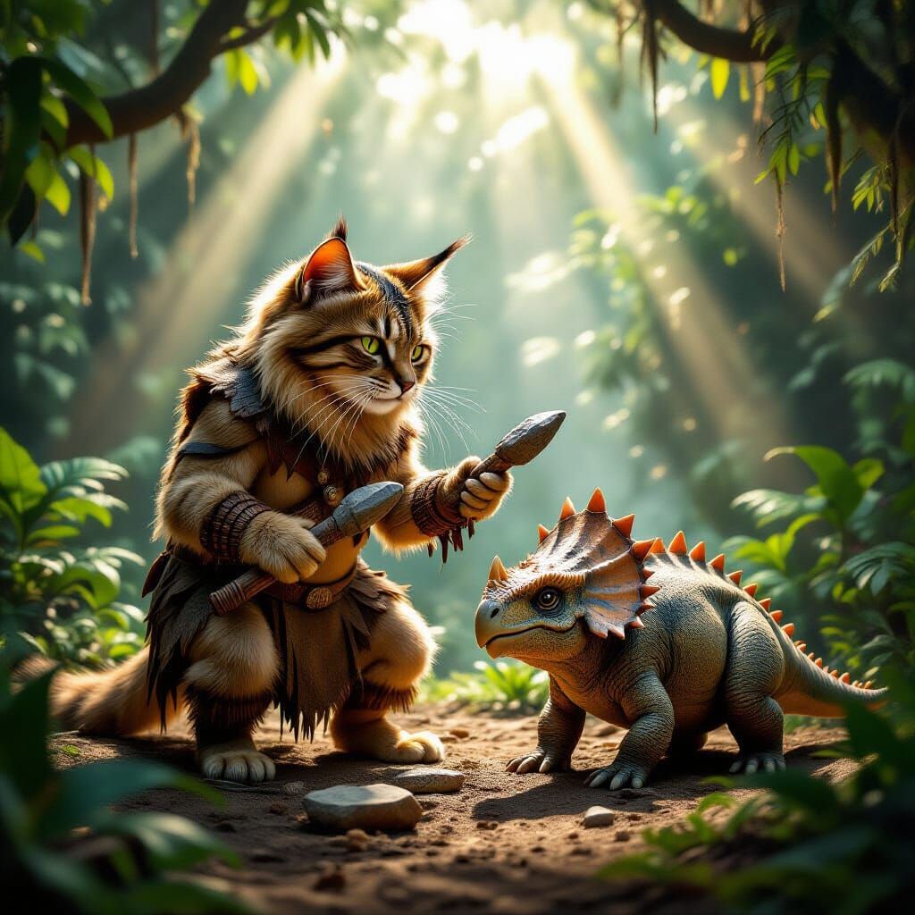 Hyperrealistic Cat Neanderthal Plays with Baby Triceratops