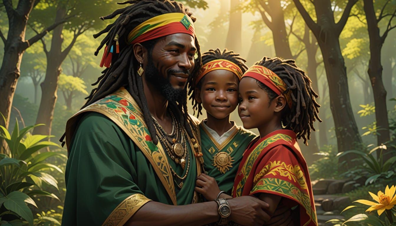 Loving Rastafarian Family in Vibrant Golden Light